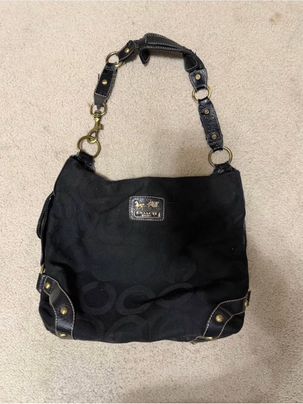 Coach Black Signature Canvas Shoulder Bag with Brass Hardware